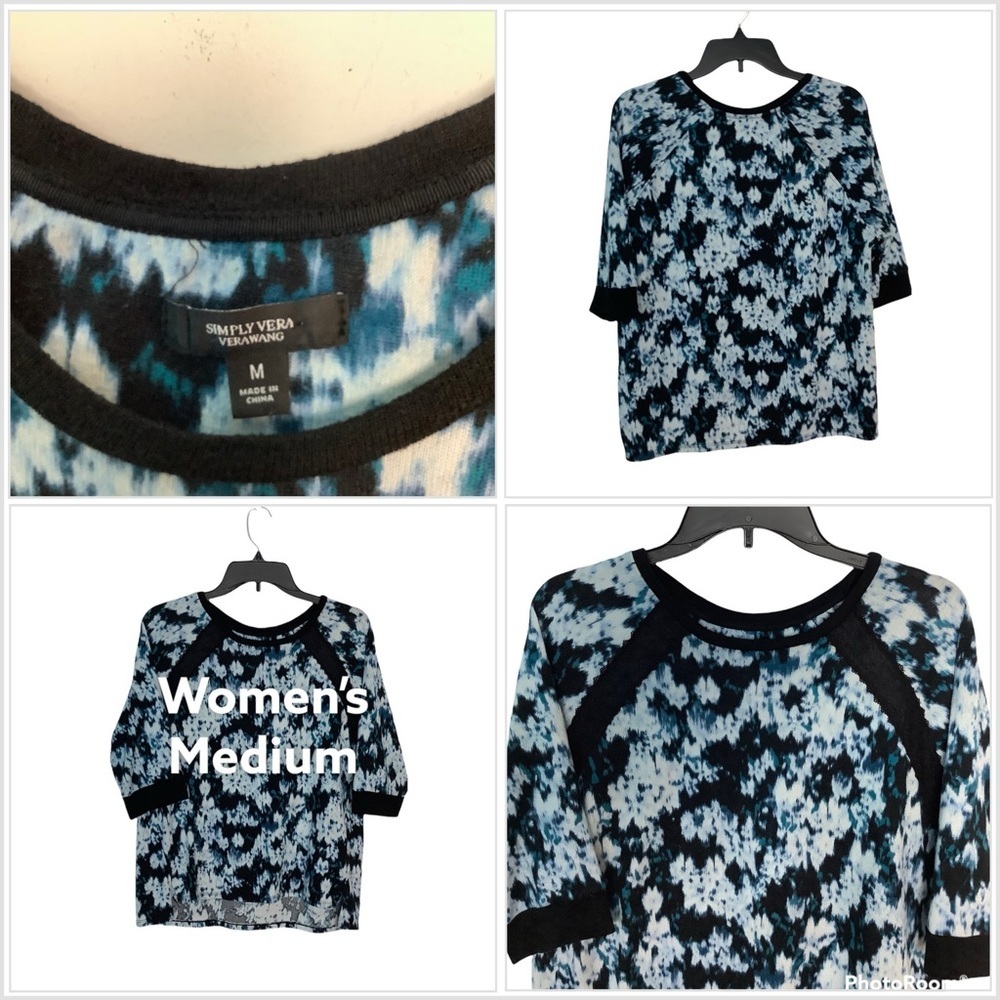 Simply Vera Wang M Medium 8 - 10 Top Shirt 3/4 Sleeve Crew Top Black Blue EUC